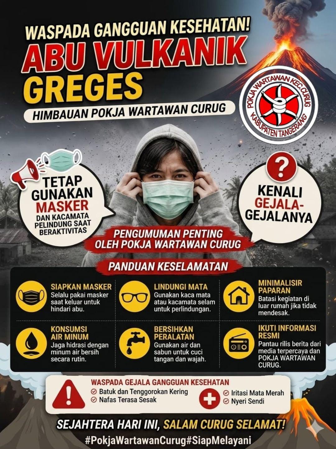 Pokja Wartawan Curug Imbau Warga Gunakan Masker Antispasi Sebaran Abu Vulkanik
